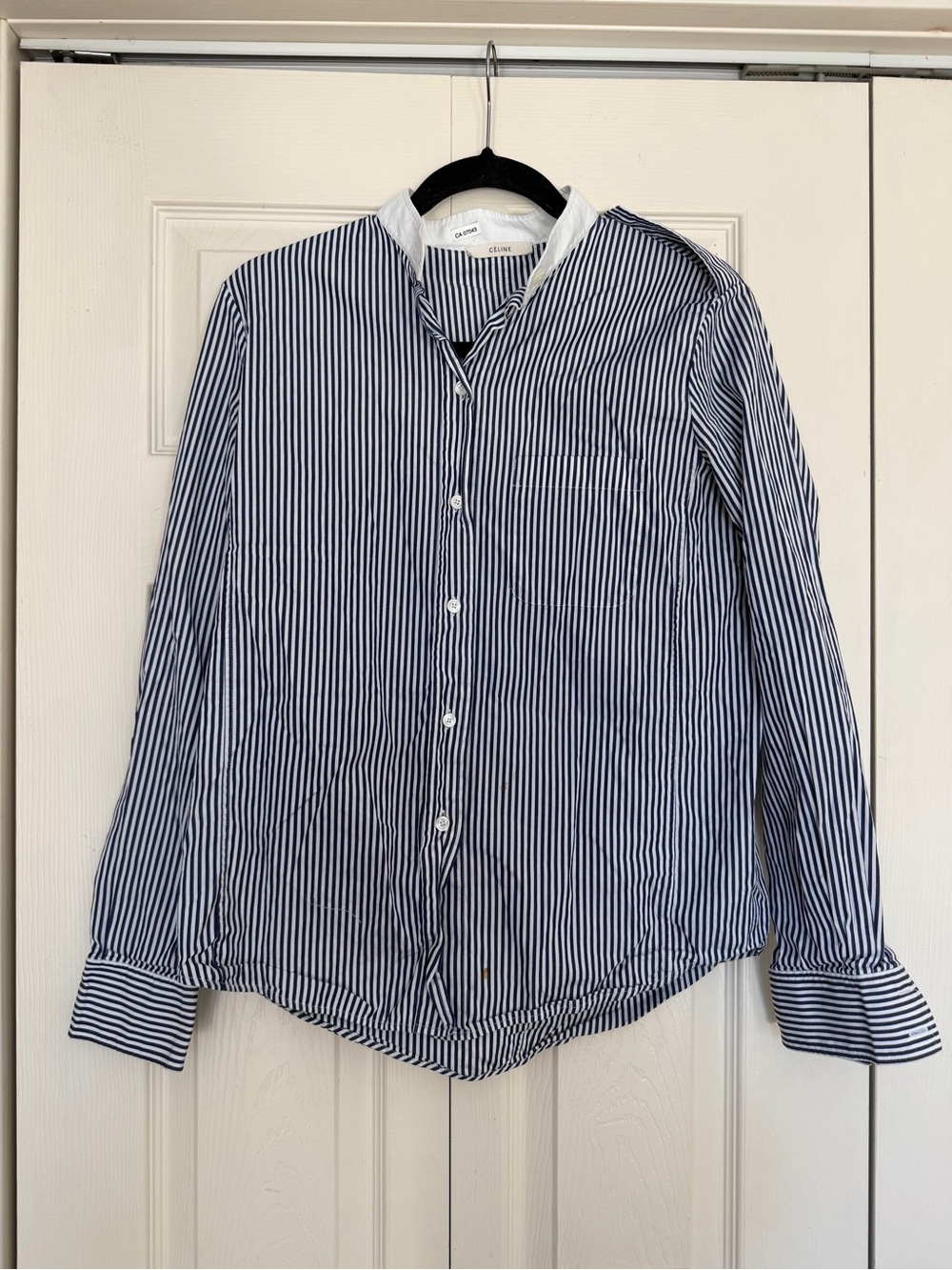 CELINE Striped Button-Up Shirt in Navy and White